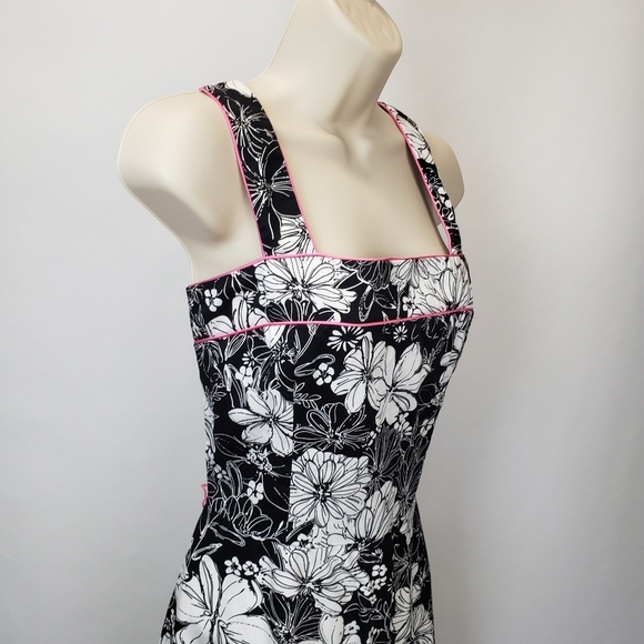 Scarlett vintage floral black white with pink piping fit and flare dress size 10 - Picture 2 of 8